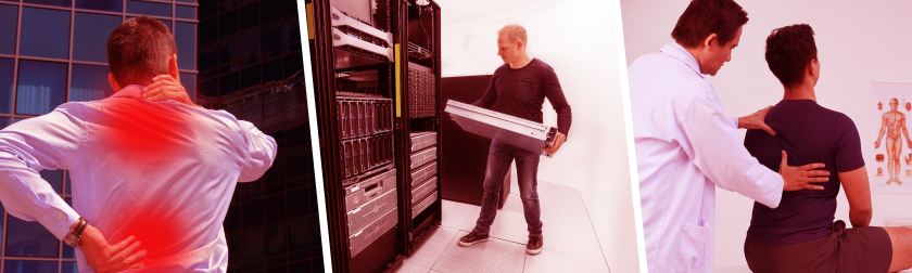 people working in data centers with hurt backs from heavy lifting