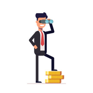 Businessman looking through binoculars, and is on the money. Happy man in a business suit thinking about investments. A man looks into the future. Vector illustration in a flat style