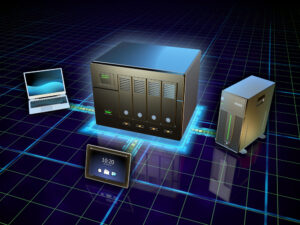 Various devices connected to a network attached storage. Digital illustration.